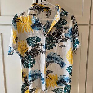 Womens button down floral tropical fern leaf print short sheeve Sz Medium M